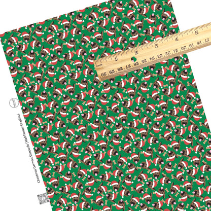 These holiday themed faux leather sheets contain the following design elements: German Shepard dogs with Christmas hats surrounded by dog bone treats on dark green. Our CPSIA compliant faux leather sheets or rolls can be used for all types of crafting projects.