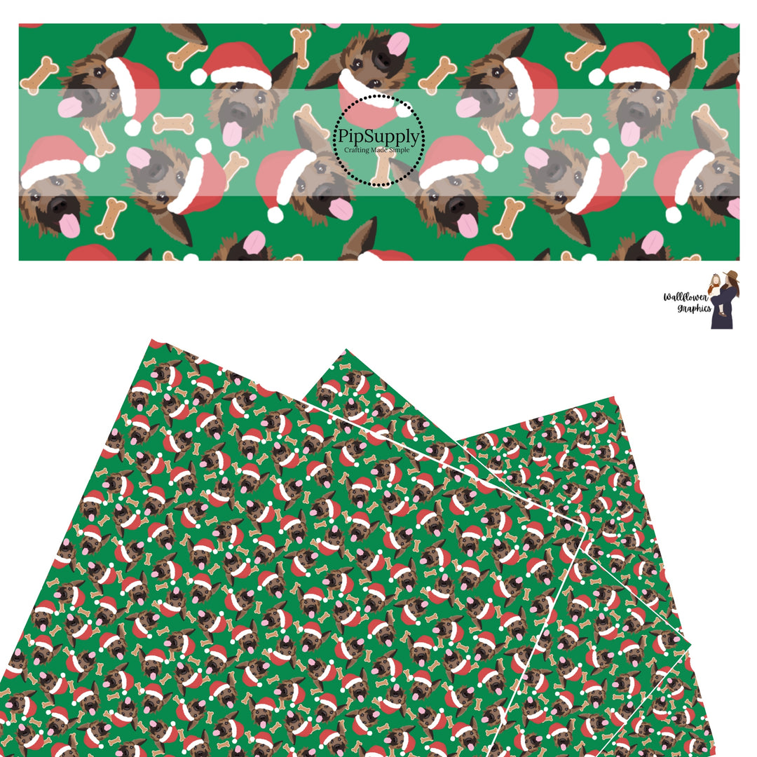 These holiday themed faux leather sheets contain the following design elements: German Shepard dogs with Christmas hats surrounded by dog bone treats on dark green. Our CPSIA compliant faux leather sheets or rolls can be used for all types of crafting projects.