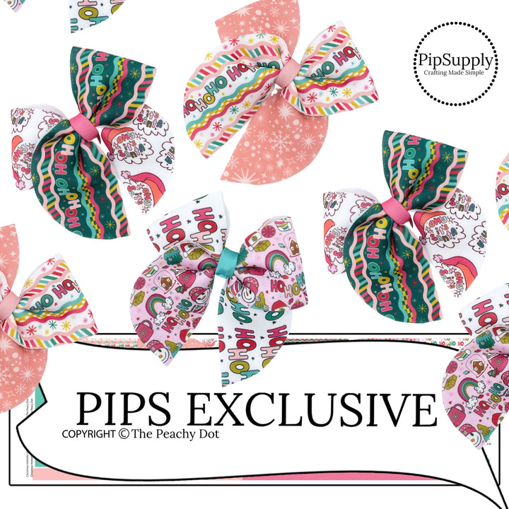 bright ho ho ho Christmas patterns printed on neoprene fabric to make diy sailor hair bows