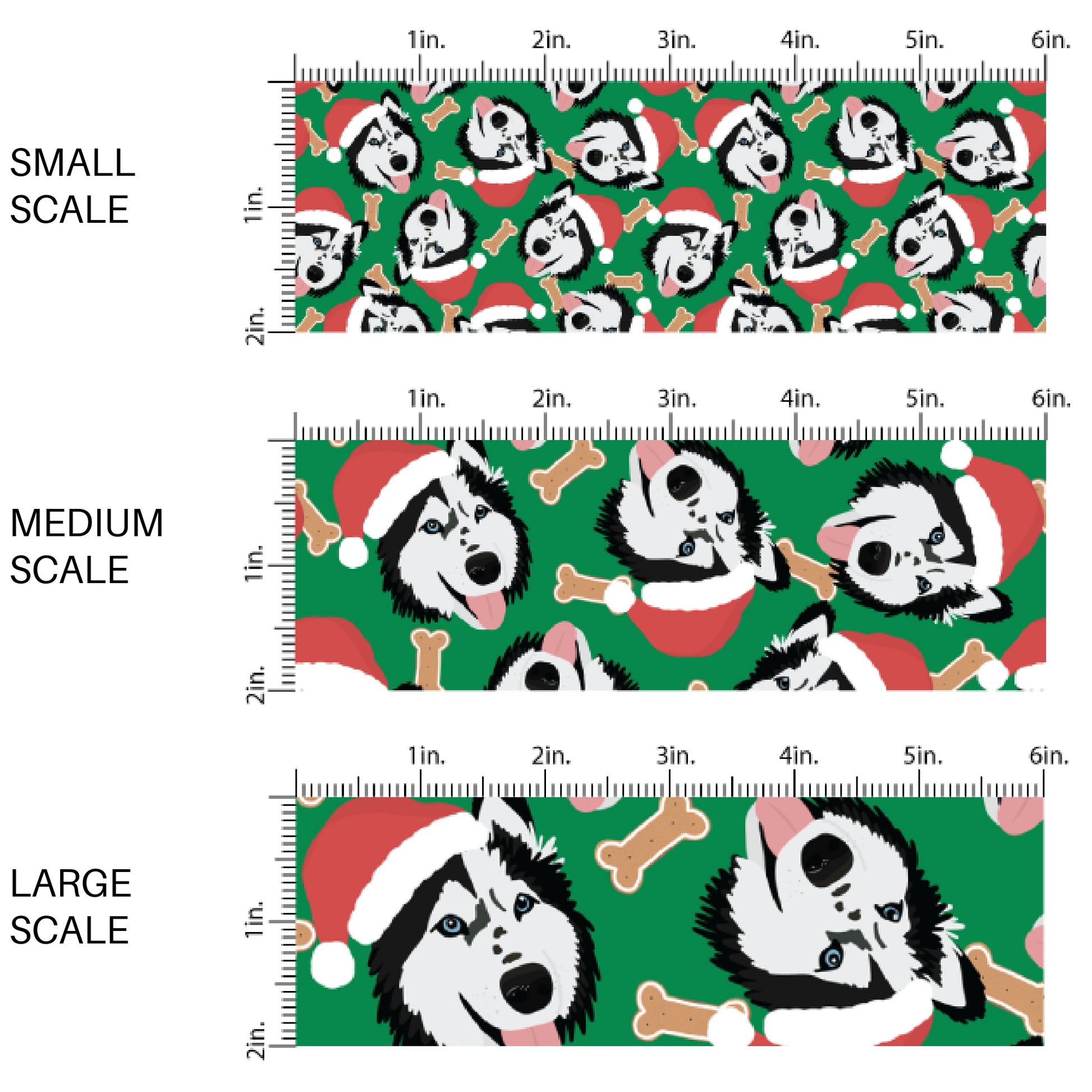These holiday themed fabric by the yard features husky dogs with Christmas hats surrounded by dog bone treats on dark green. This fun Christmas fabric can be used for all your sewing and crafting needs!