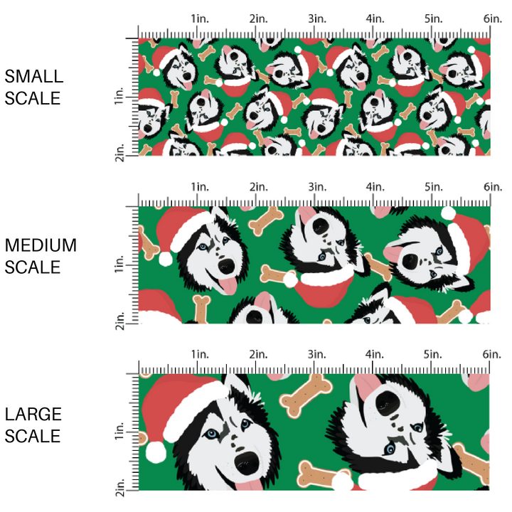 These holiday themed fabric by the yard features husky dogs with Christmas hats surrounded by dog bone treats on dark green. This fun Christmas fabric can be used for all your sewing and crafting needs!