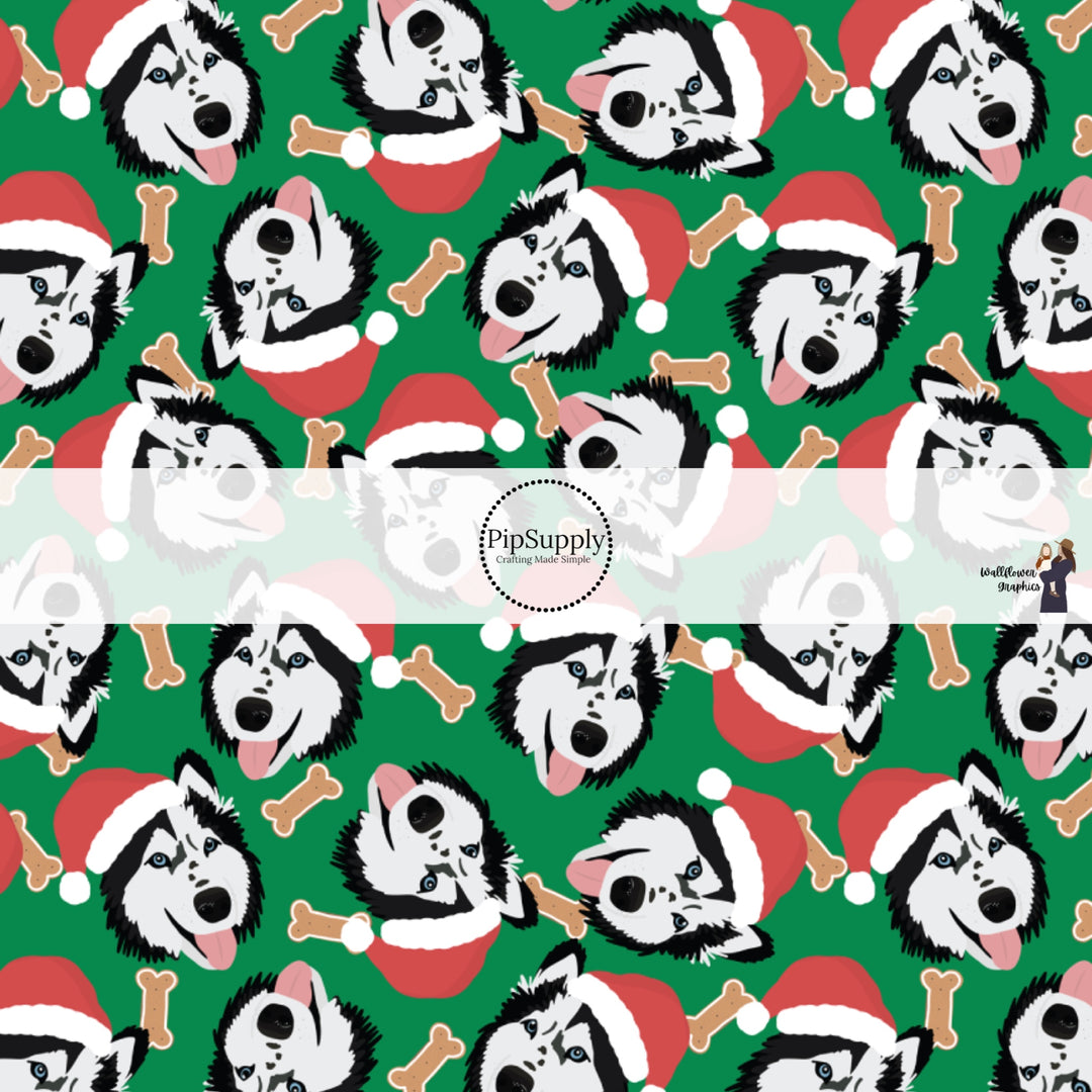 These holiday themed fabric by the yard features husky dogs with Christmas hats surrounded by dog bone treats on dark green. This fun Christmas fabric can be used for all your sewing and crafting needs!