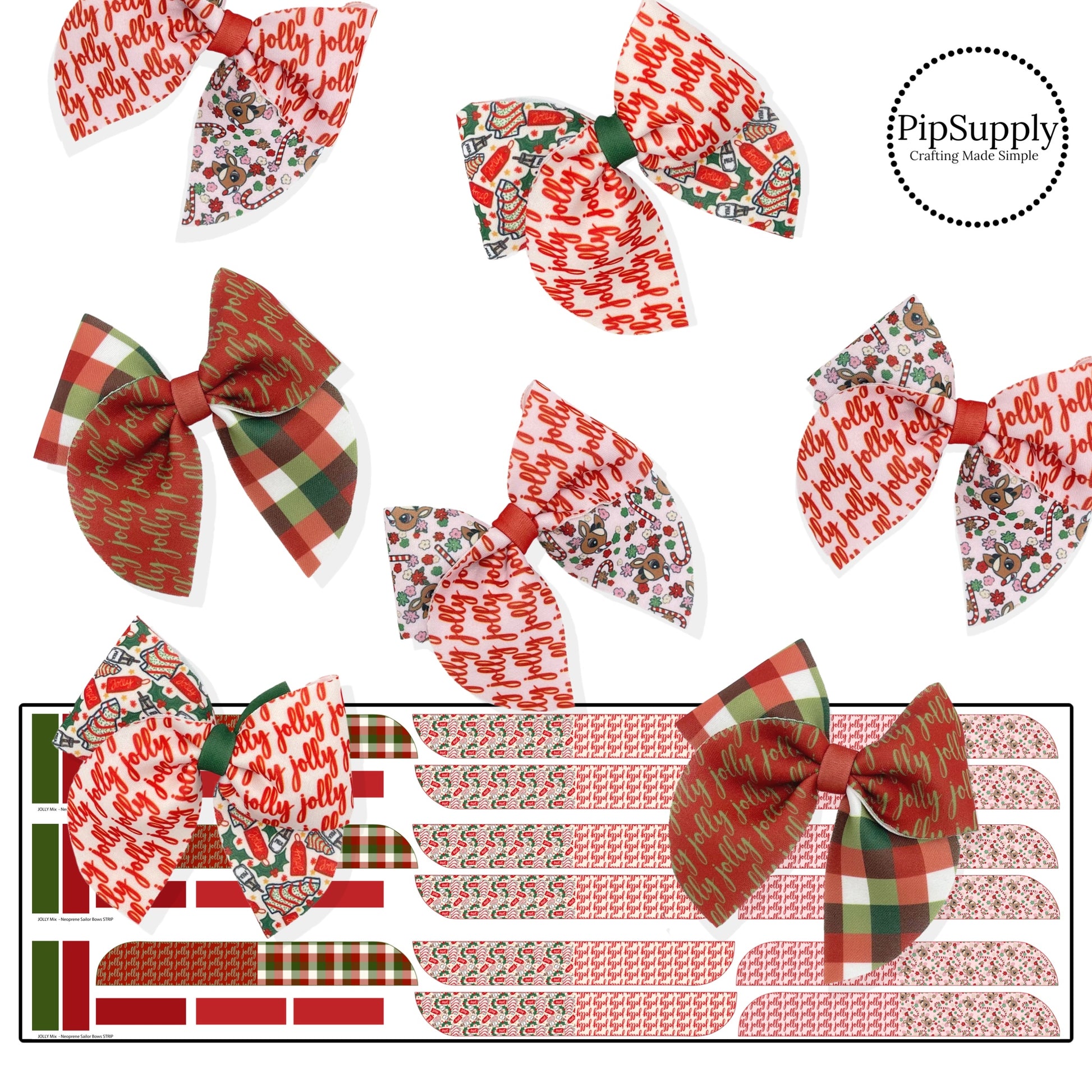 Neoprene sailor bows with reindeers, plaid print, and holiday treats.