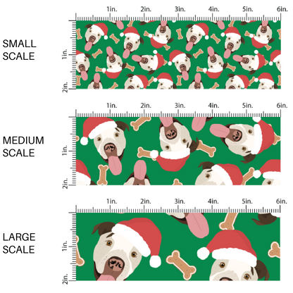 These holiday themed fabric by the yard features pit bull dogs with Christmas hats surrounded by dog bone treats on dark green. This fun Christmas fabric can be used for all your sewing and crafting needs!