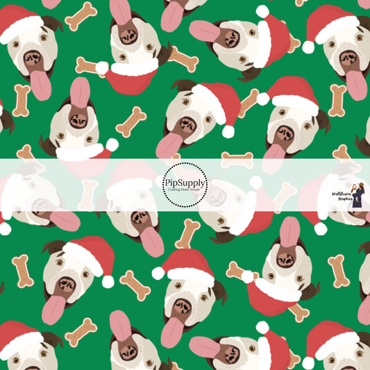 These holiday themed fabric by the yard features pit bull dogs with Christmas hats surrounded by dog bone treats on dark green. This fun Christmas fabric can be used for all your sewing and crafting needs!
