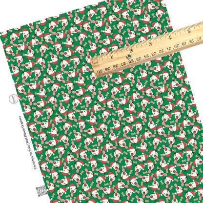 These holiday themed faux leather sheets contain the following design elements: Pit bull dogs with Christmas hats surrounded by dog bone treats on dark green. Our CPSIA compliant faux leather sheets or rolls can be used for all types of crafting projects.