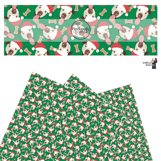 These holiday themed faux leather sheets contain the following design elements: Pit bull dogs with Christmas hats surrounded by dog bone treats on dark green. Our CPSIA compliant faux leather sheets or rolls can be used for all types of crafting projects.