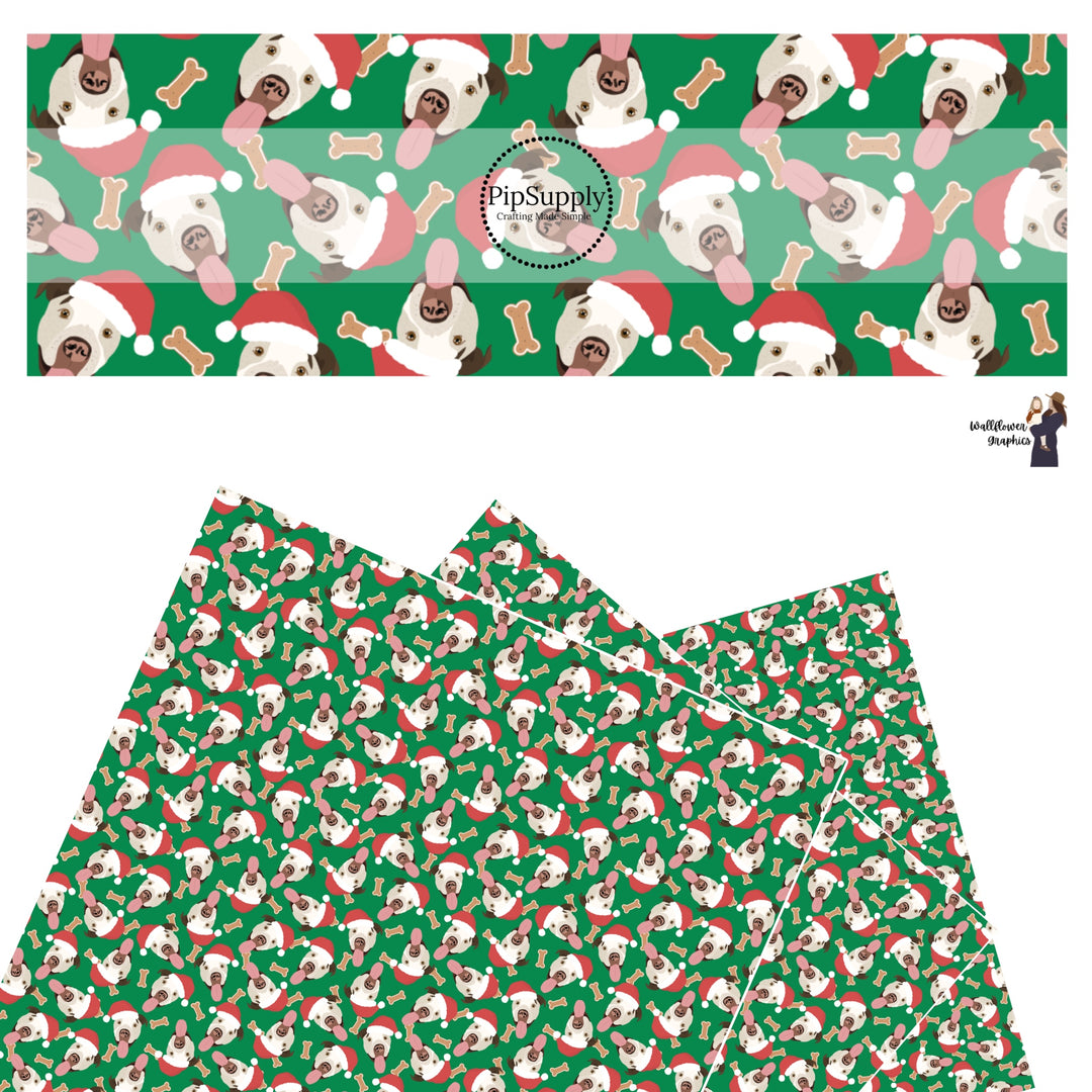 These holiday themed faux leather sheets contain the following design elements: Pit bull dogs with Christmas hats surrounded by dog bone treats on dark green. Our CPSIA compliant faux leather sheets or rolls can be used for all types of crafting projects.