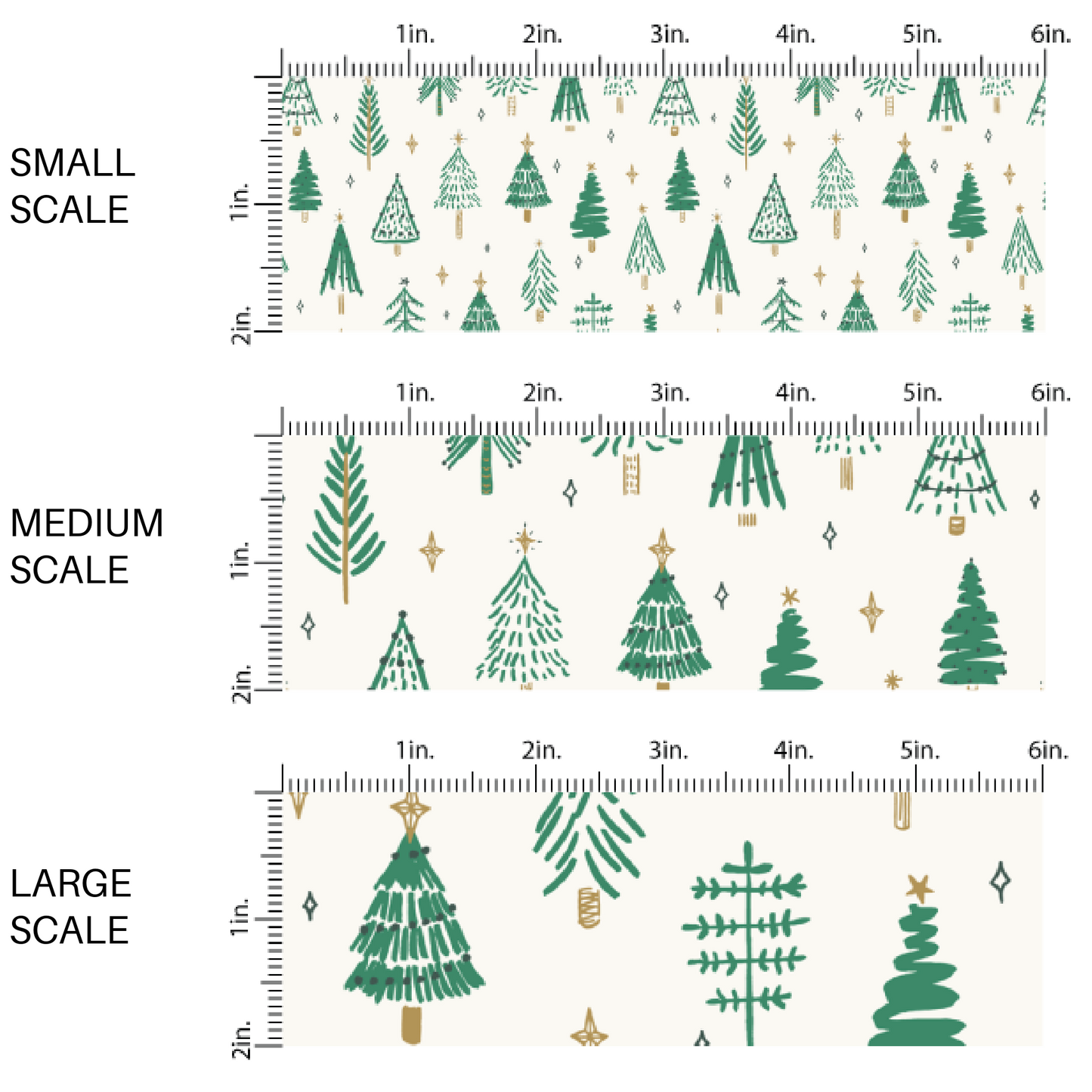 Cream fabric by the yard scaled image guide with scattered green Christmas trees and stars.