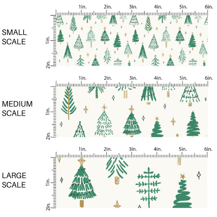 Cream fabric by the yard scaled image guide with scattered green Christmas trees and stars.