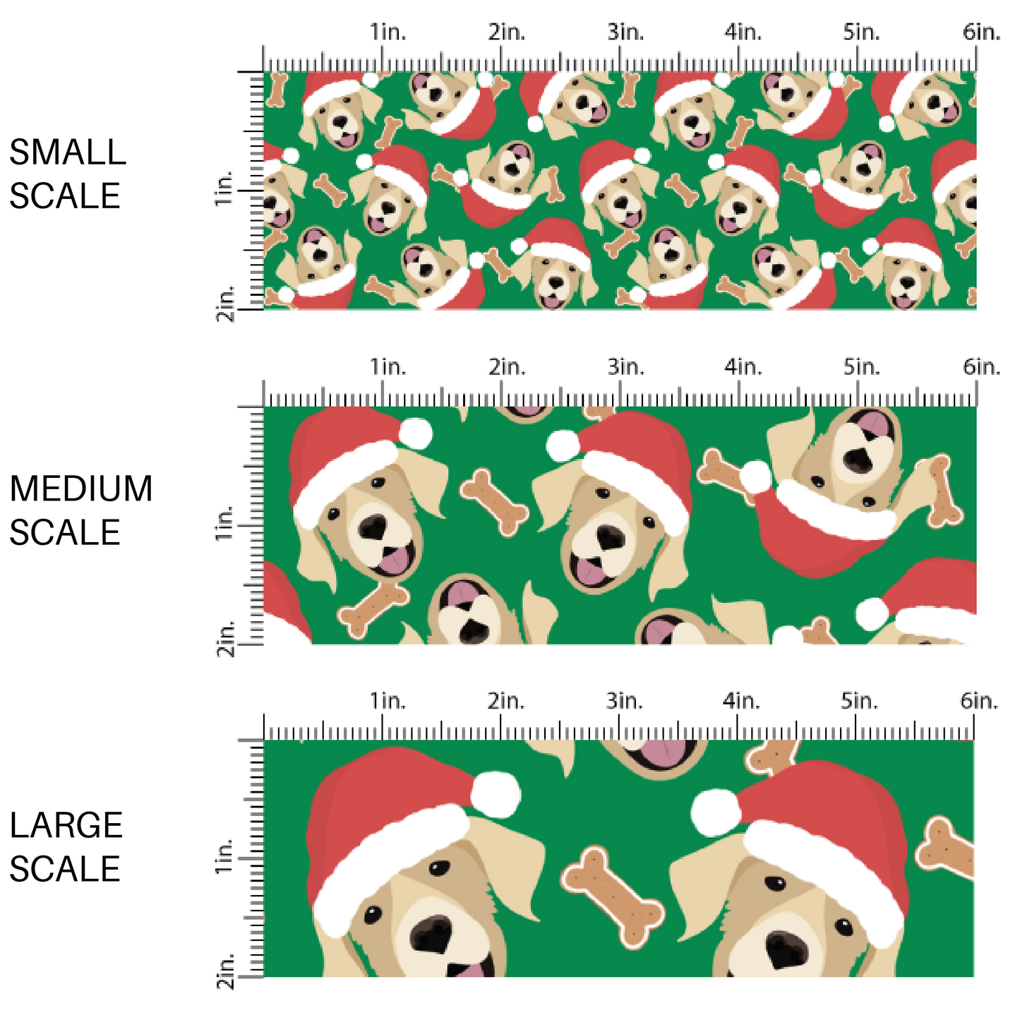 These holiday themed fabric by the yard features yellow lab dogs with Christmas hats surrounded by dog bone treats on dark green. This fun Christmas fabric can be used for all your sewing and crafting needs!