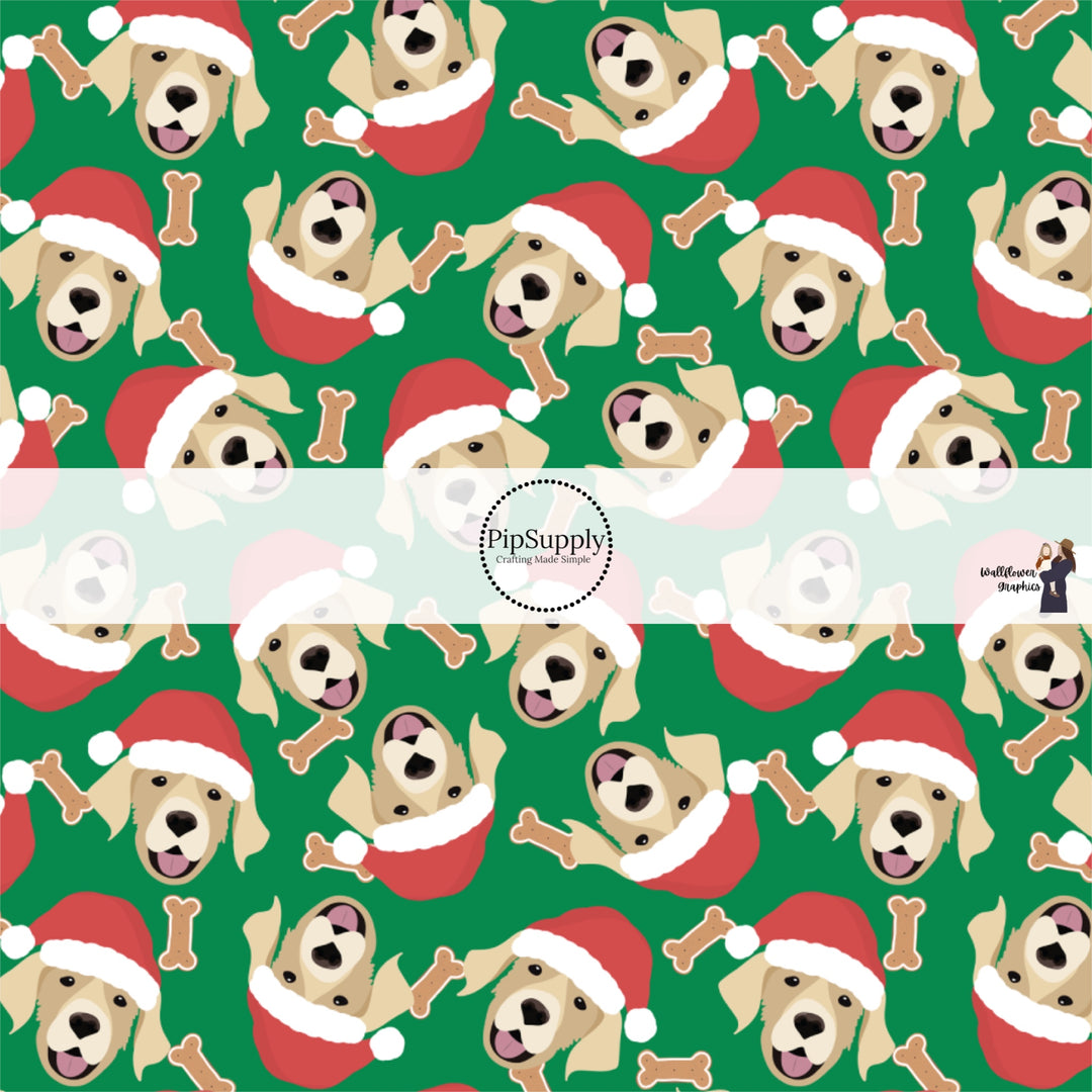 These holiday themed fabric by the yard features yellow lab dogs with Christmas hats surrounded by dog bone treats on dark green. This fun Christmas fabric can be used for all your sewing and crafting needs!