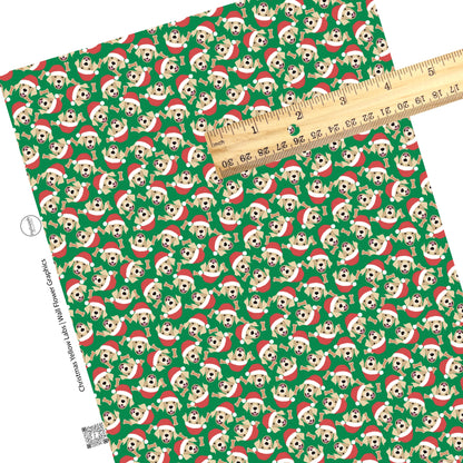 These holiday themed faux leather sheets contain the following design elements: Yellow lab dogs with Christmas hats surrounded by dog bone treats on dark green. Our CPSIA compliant faux leather sheets or rolls can be used for all types of crafting projects.