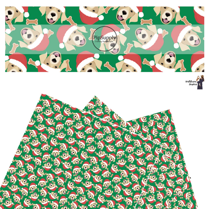 These holiday themed faux leather sheets contain the following design elements: Yellow lab dogs with Christmas hats surrounded by dog bone treats on dark green. Our CPSIA compliant faux leather sheets or rolls can be used for all types of crafting projects.