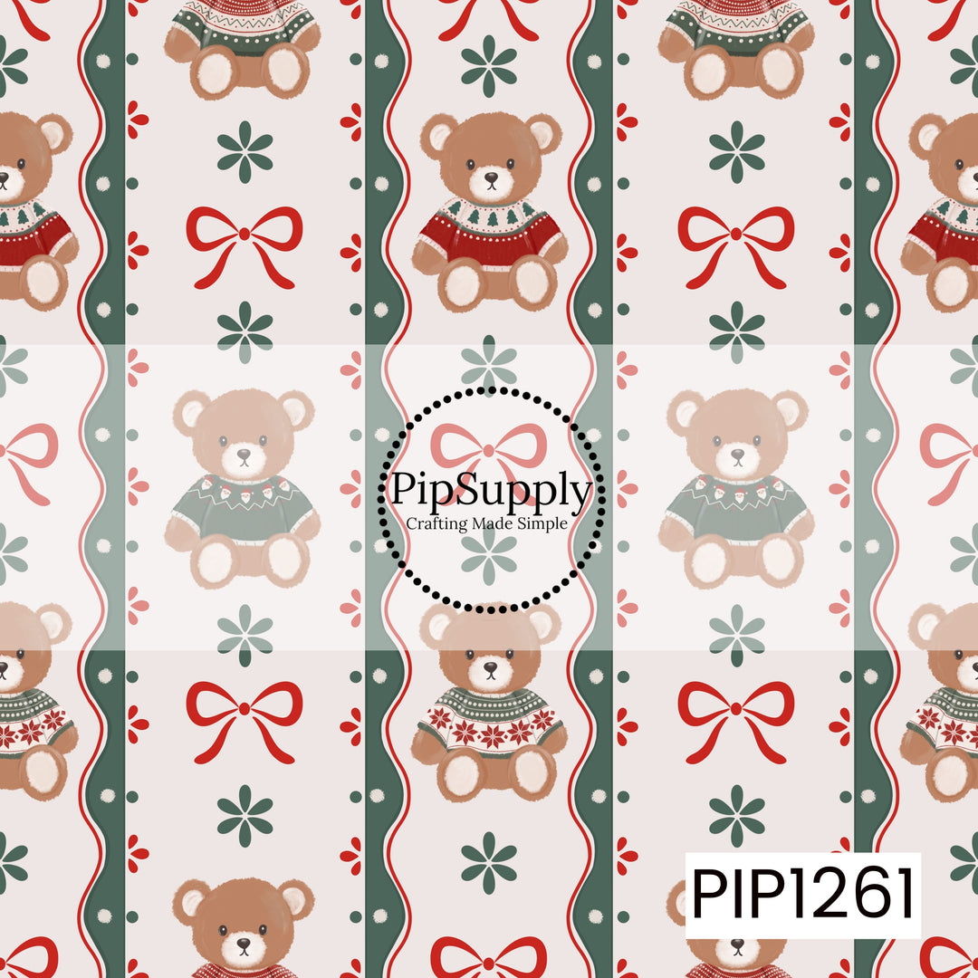 A sweet Christmas teddy bear pattern featuring cozy bears dressed in festive holiday sweaters, paired with red bows and simple floral accents. Wavy green borders, pops of red, and a soft cream background give it a playful vintage-inspired holiday look.
