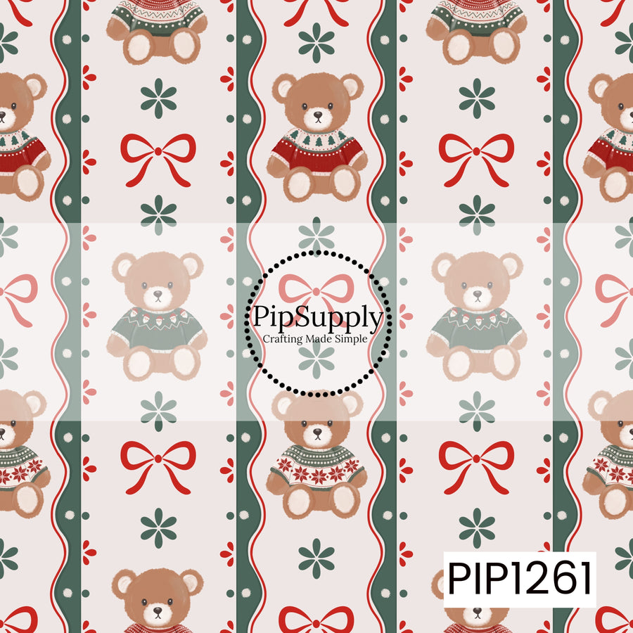 A sweet Christmas teddy bear pattern featuring cozy bears dressed in festive holiday sweaters, paired with red bows and simple floral accents. Wavy green borders, pops of red, and a soft cream background give it a playful vintage-inspired holiday look.
