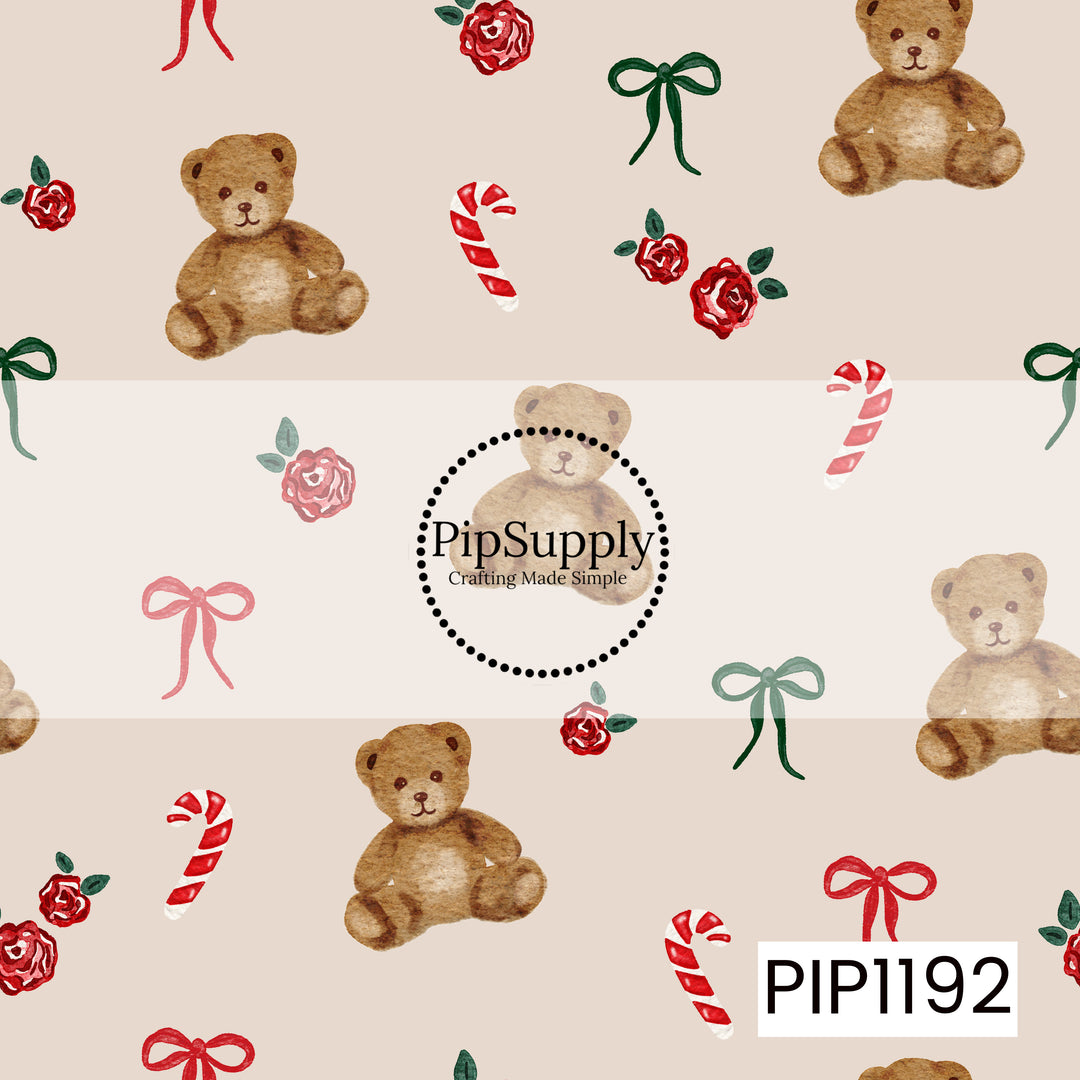 A sweet vintage-inspired Christmas design featuring watercolor teddy bears, candy canes, delicate red roses, and simple ribbon bows scattered across a warm cream background. The classic red, deep green, and soft brown palette gives it a cozy nostalgic holiday feel.
