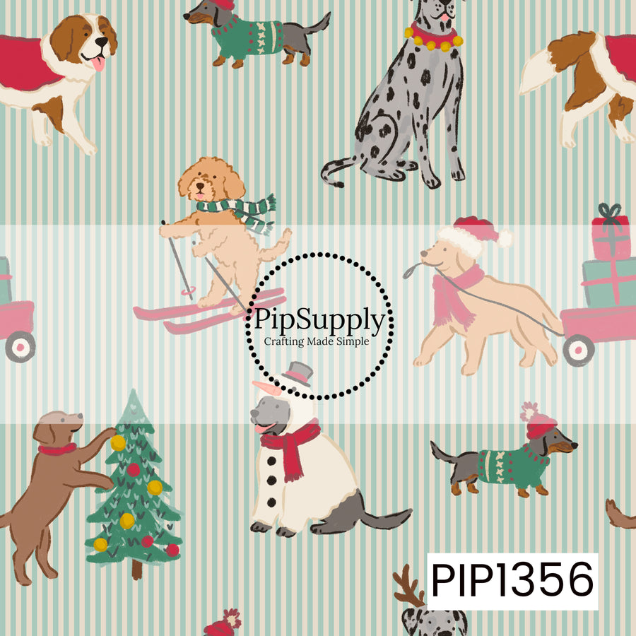 A playful Christmas seamless pattern featuring adorable dogs of different breeds dressed in festive sweaters, scarves, Santa hats, and holiday accessories. Sweet pups are shown skiing, decorating Christmas trees, pulling wagons filled with presents, and wearing cute seasonal outfits. Set against a soft mint green and cream vertical striped background, this whimsical design features cheerful pops of red, pink, and green for a fun and festive holiday feel.