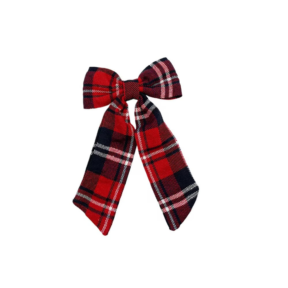 Christmas Eve Plaid LONG TAIL Hair Bow w/ Clip