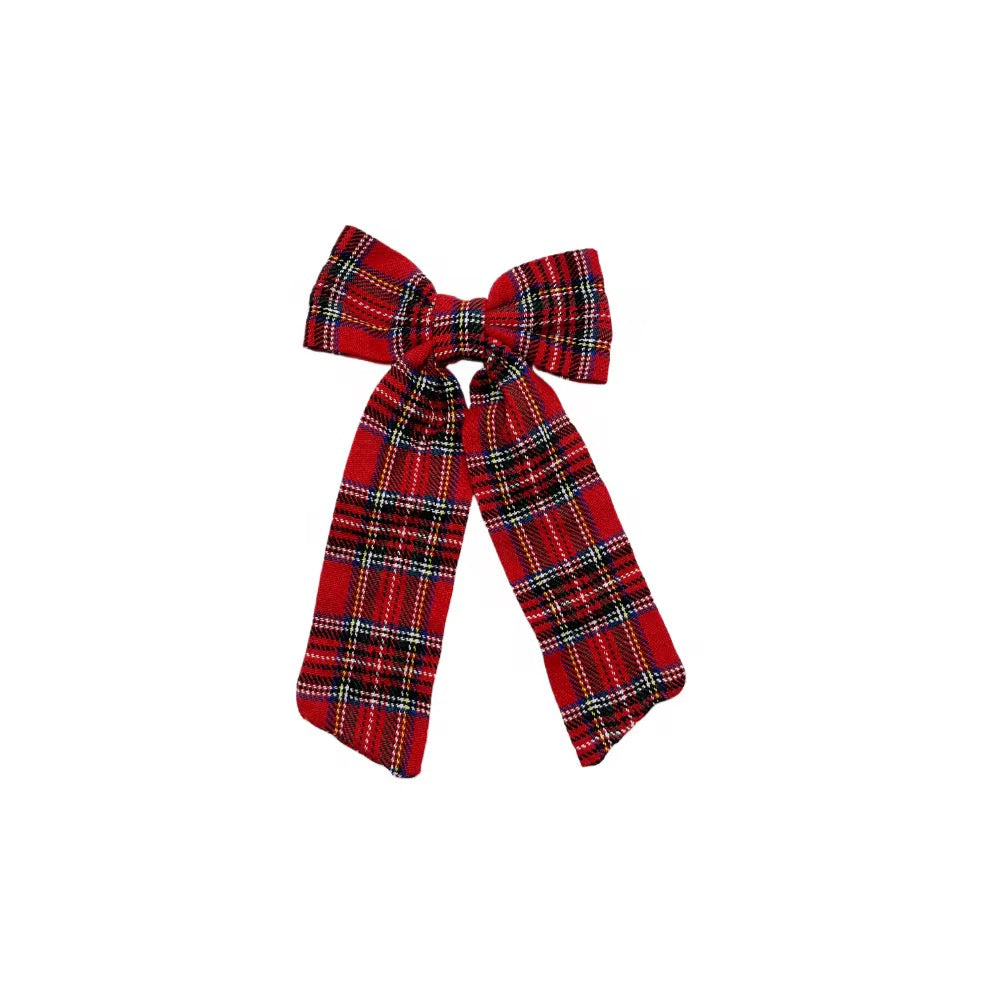 Christmas Morning Plaid LONG TAIL Hair Bow w/ Clip