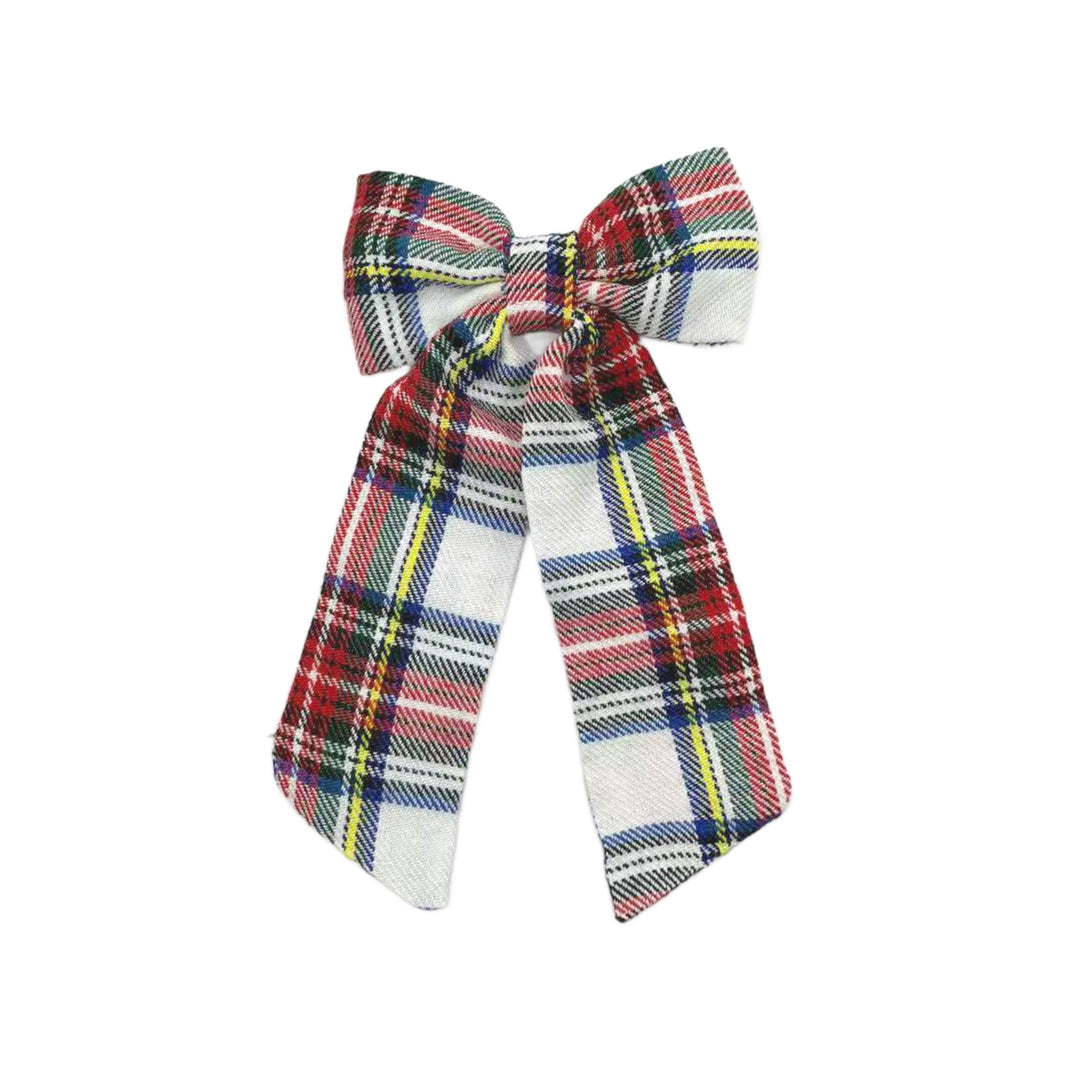 Christmas Pjs Plaid LONG TAIL Hair Bow w/ Clip