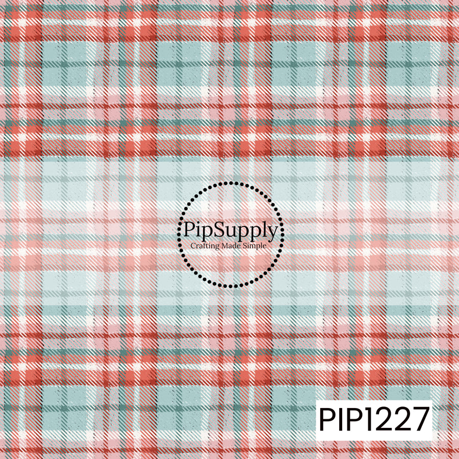 A cozy Christmas plaid featuring soft mint, dusty pink, festive red, and white in a classic tartan-inspired pattern. Textured brushstroke details give the design a slightly rustic, hand-drawn feel while the pastel color palette adds a sweet, modern holiday touch.
