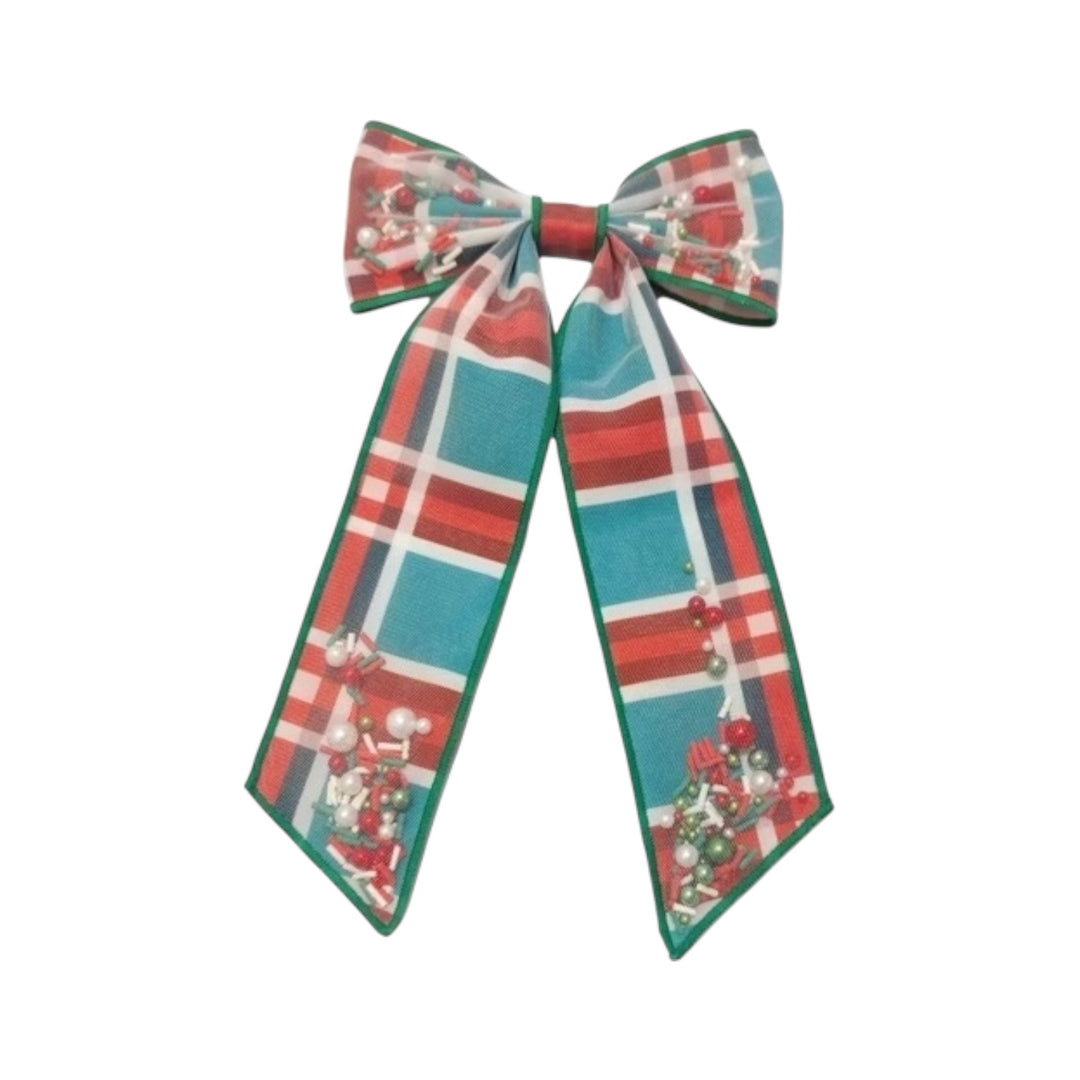Christmas Plaid Pattern Long Tail Shaker Hair Bow w/ Clip