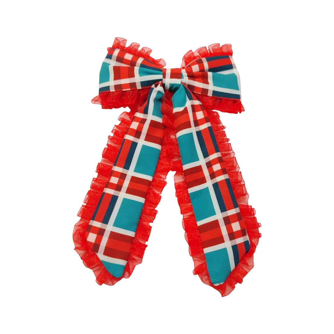 Christmas Plaid Ruffled Long Tail Hair Tied Bow w/ Clip