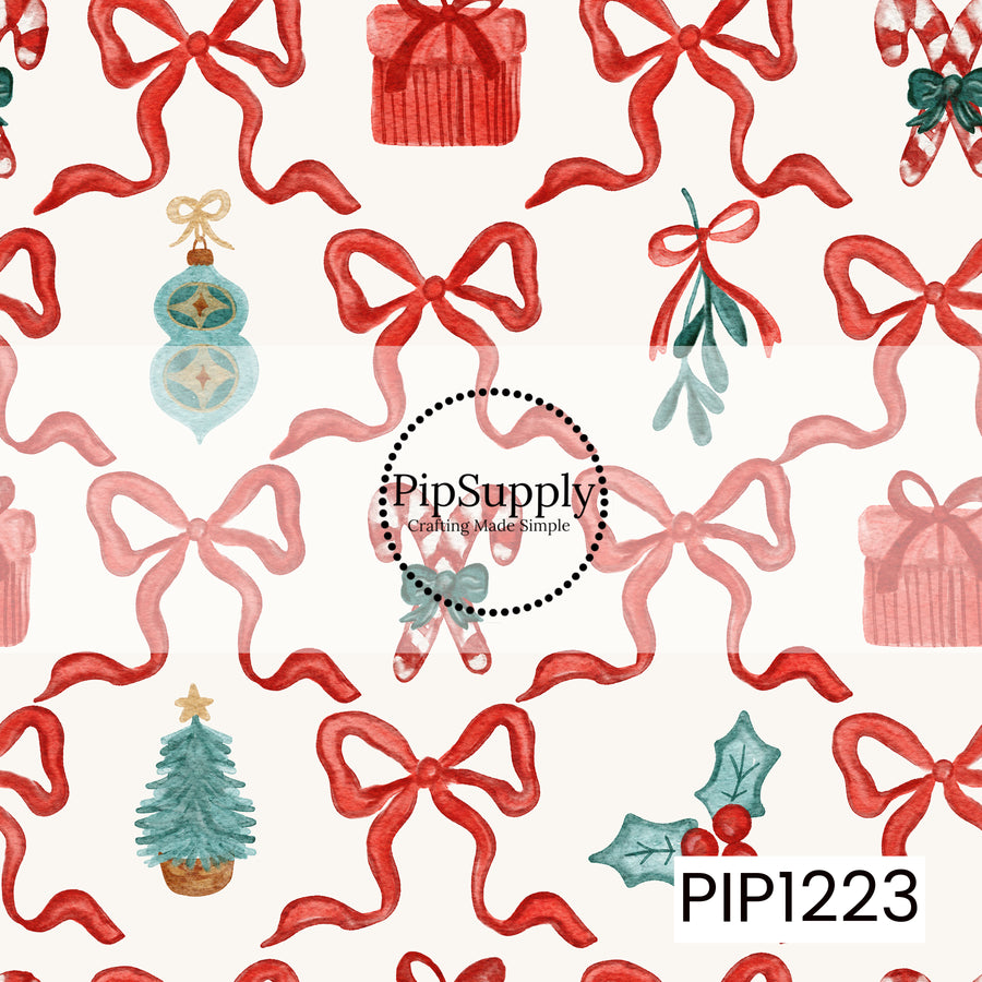 A whimsical watercolor Christmas pattern featuring oversized red ribbon bows mixed with festive ornaments, mistletoe, candy canes, wrapped gifts, and miniature Christmas trees. Soft teal, red, and gold accents on a warm cream background give the design a charming vintage holiday feel.
