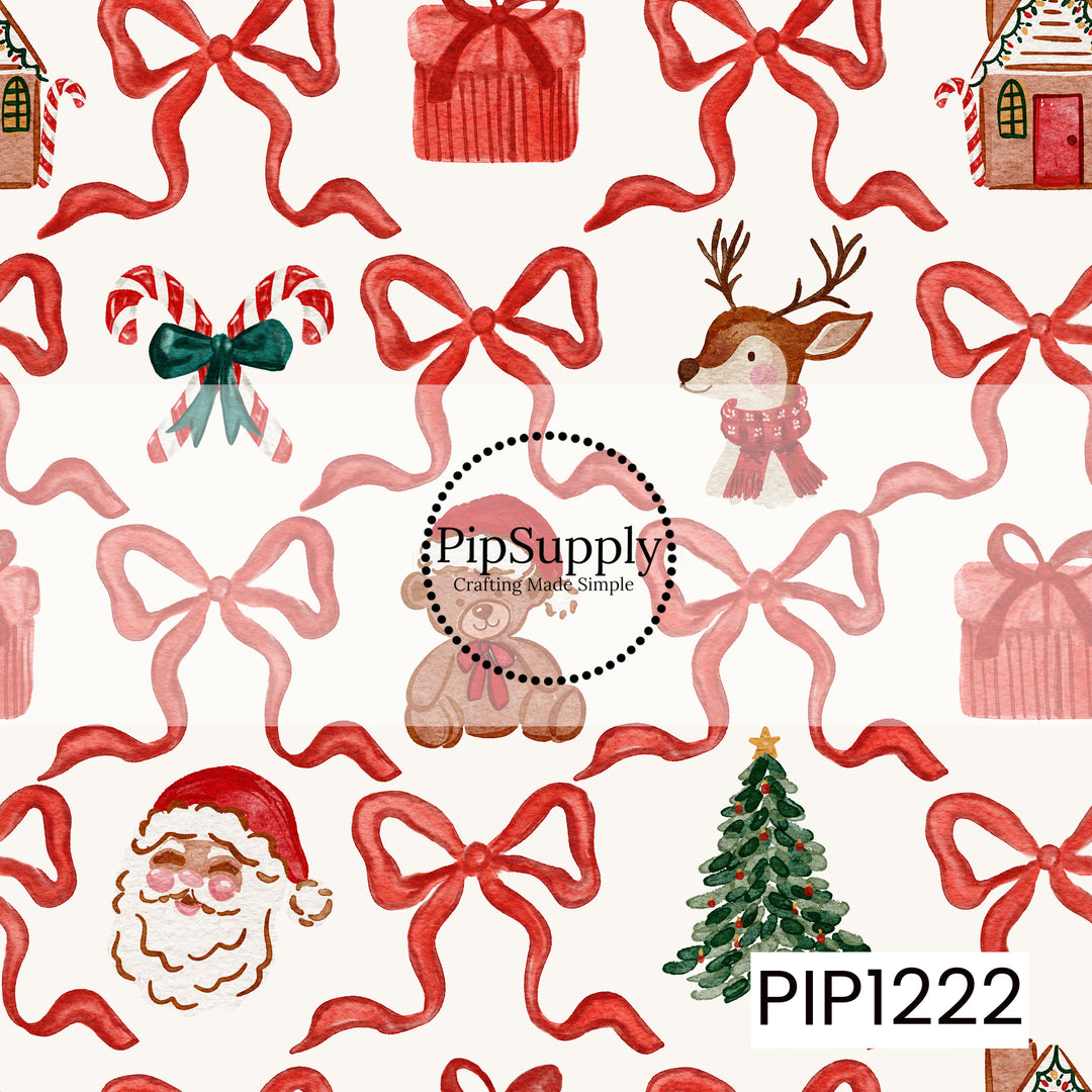 A whimsical watercolor Christmas pattern featuring oversized red ribbon bows mixed with festive holiday favorites including Santa, a scarf-wearing reindeer, teddy bears, wrapped gifts, candy canes, gingerbread houses, and decorated Christmas trees. The warm red, green, and brown palette on a soft cream background gives it a sweet, nostalgic holiday feel.
