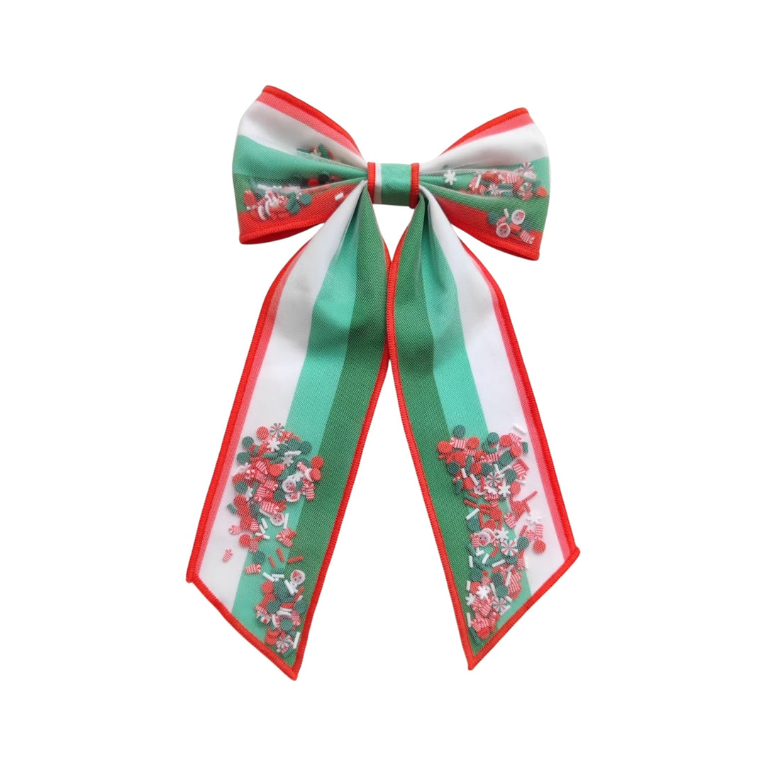 Christmas Stripe Pattern Long Tail Shaker Hair Bow w/ Clip
