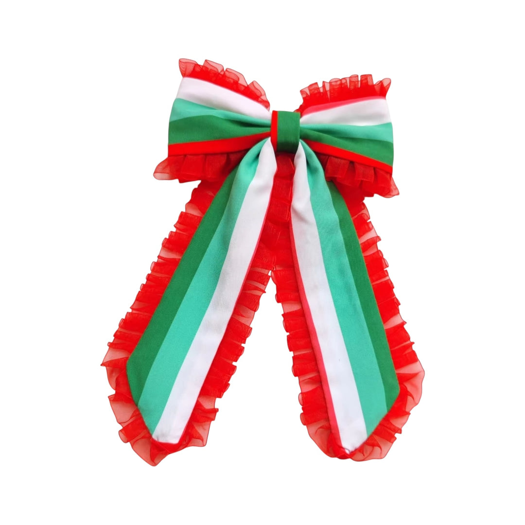 Christmas Stripe Ruffled Long Tail Hair Tied Bow w/ Clip