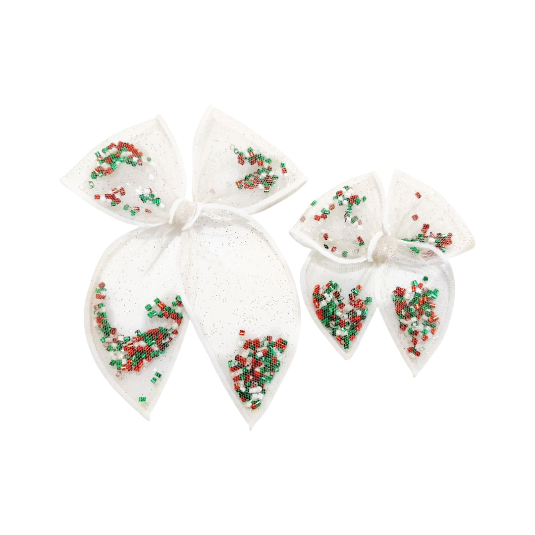 Christmas Tinsel WHITE Tulle Shaker Hair Tied Bow w/ Clip