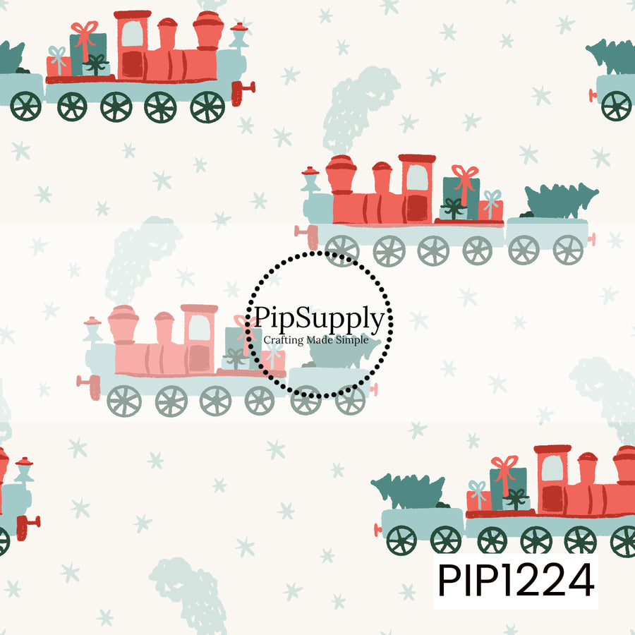 A playful Christmas train pattern featuring red and icy blue locomotives carrying wrapped presents and evergreen trees. Soft scattered snowflakes and puffs of smoke fill the warm cream background, giving the design a whimsical, nostalgic holiday feel.
