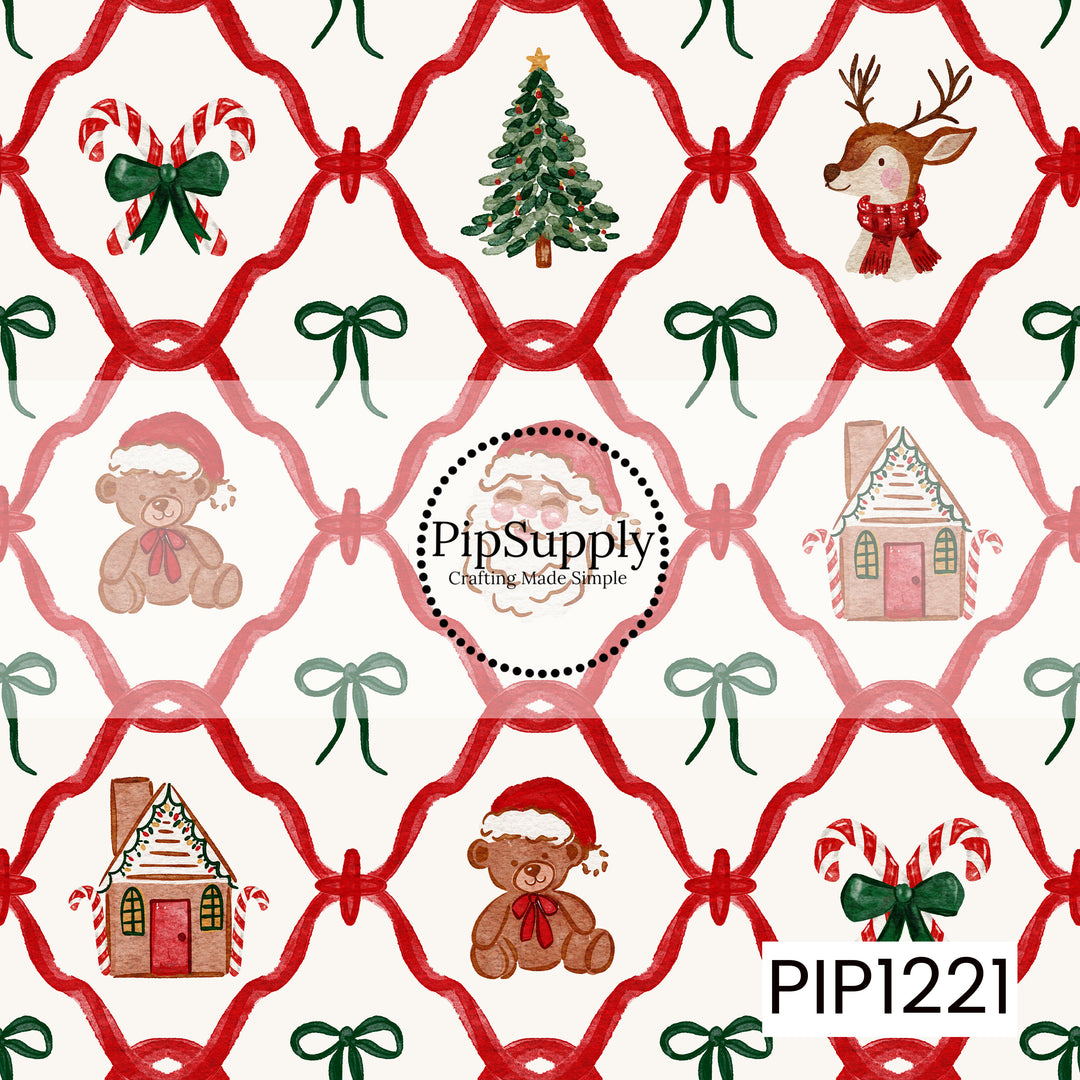 A whimsical Christmas pattern featuring watercolor holiday icons framed within a looping red ribbon trellis. The design includes candy canes with green bows, decorated Christmas trees, reindeer in cozy scarves, gingerbread houses, teddy bears in Santa hats, and classic Santa faces. Small green bows add a charming finishing touch against the warm cream background.

