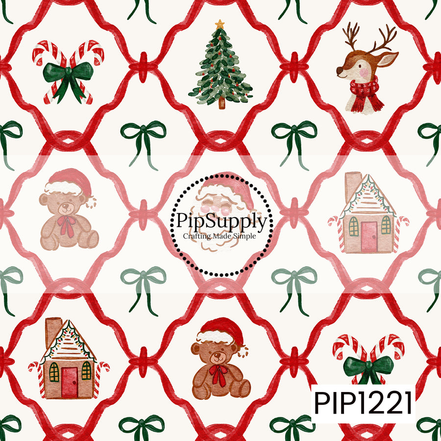 A whimsical Christmas pattern featuring watercolor holiday icons framed within a looping red ribbon trellis. The design includes candy canes with green bows, decorated Christmas trees, reindeer in cozy scarves, gingerbread houses, teddy bears in Santa hats, and classic Santa faces. Small green bows add a charming finishing touch against the warm cream background.
