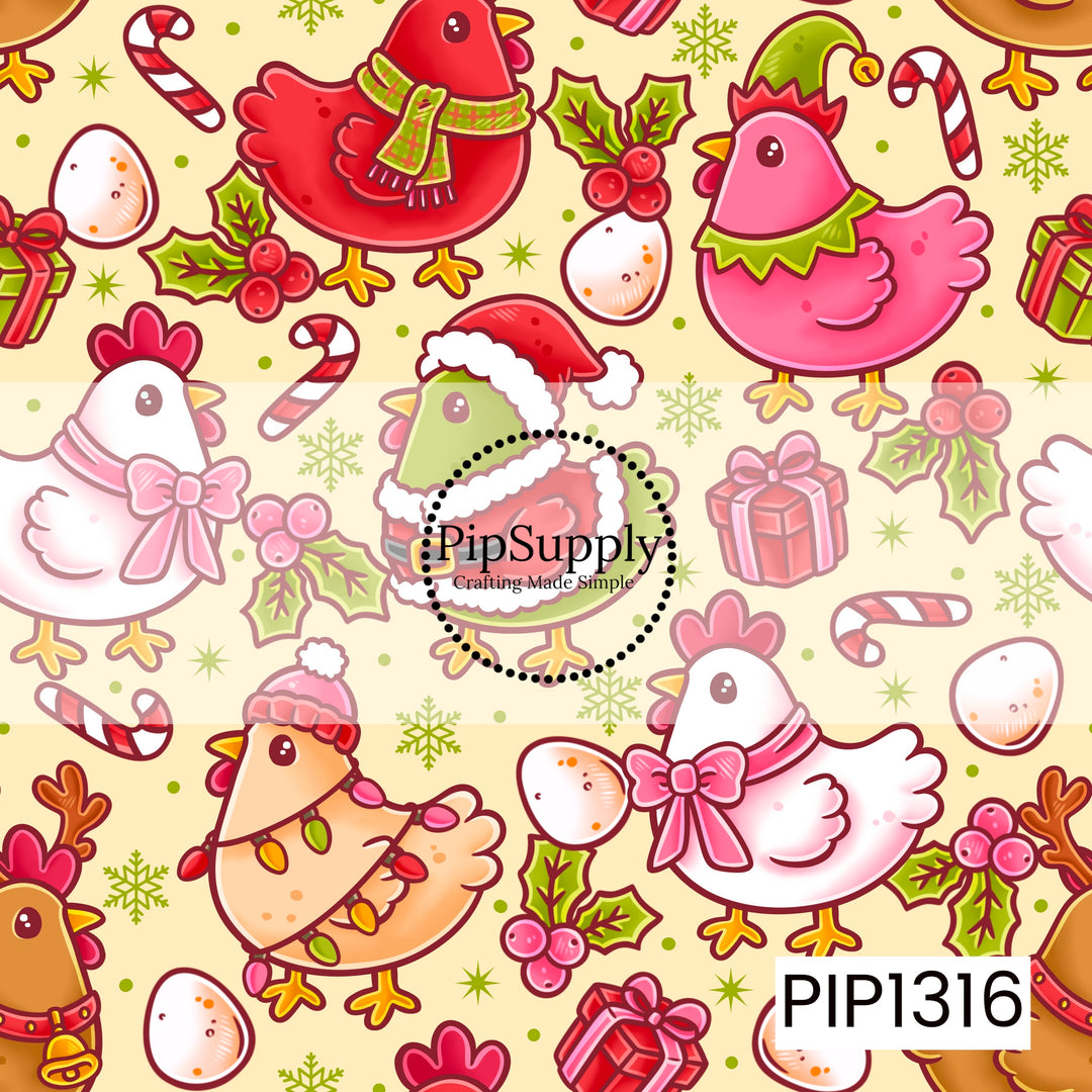 A playful Christmas chicken pattern featuring festive hens dressed in Santa hats, scarves, bows, elf collars, reindeer antlers, and colorful Christmas lights. Candy canes, presents, holly berries, snowflakes, and decorated eggs are scattered throughout a warm cream background in cheerful shades of pink, red, green, and gold.