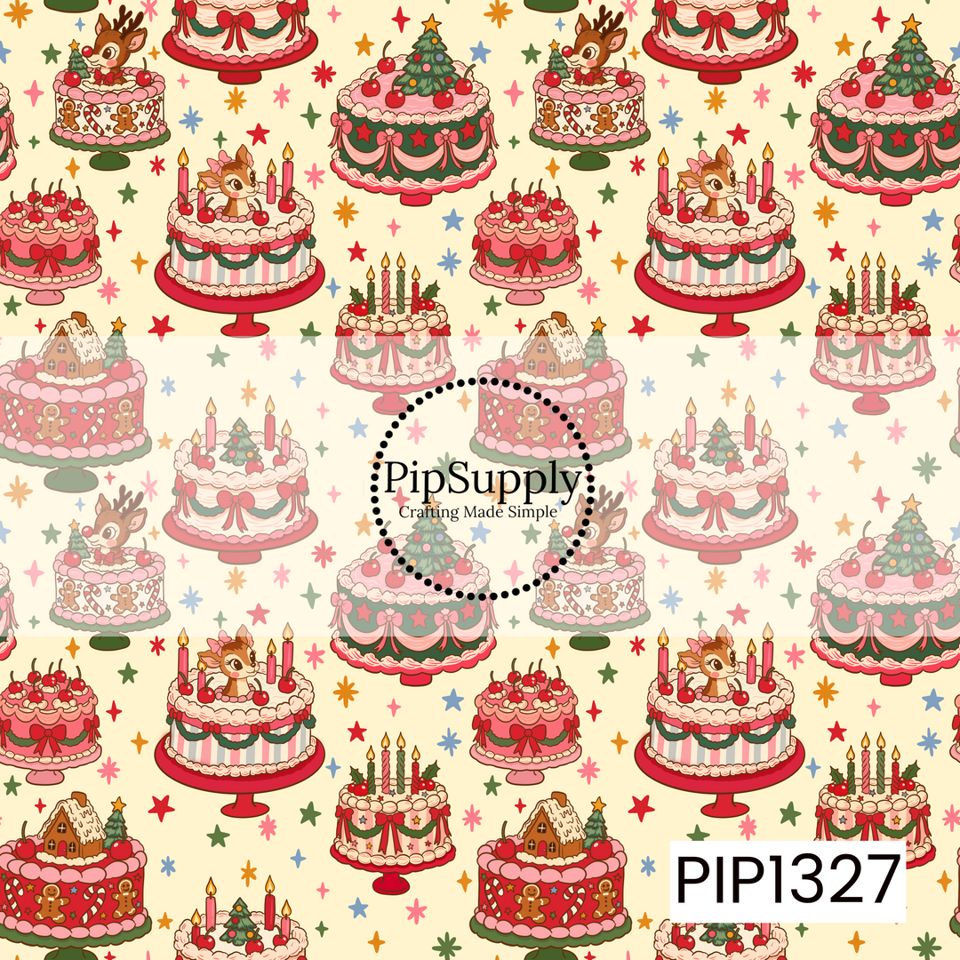 A whimsical vintage-inspired Christmas cake pattern filled with ornate holiday desserts in a playful retro color palette of pink, cherry red, forest green, cream, and touches of blue and golden orange. Each cake features its own festive decorations, including sweet reindeer nestled in frosting, miniature Christmas trees, snowy gingerbread houses, gingerbread cookies, candy canes, cherries, holly, candles, ornaments, bows, scalloped frosting, draped garlands, and piped icing details. Colorful retro stars and