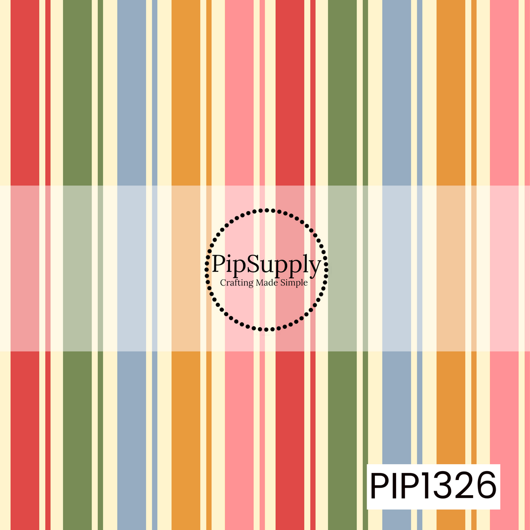 A retro-inspired vertical stripe pattern featuring alternating bands of red, olive green, dusty blue, golden orange, and soft pink against a warm cream background. Each bold stripe is accented with thinner coordinating lines, creating a playful vintage look with a colorful Christmas-inspired palette.