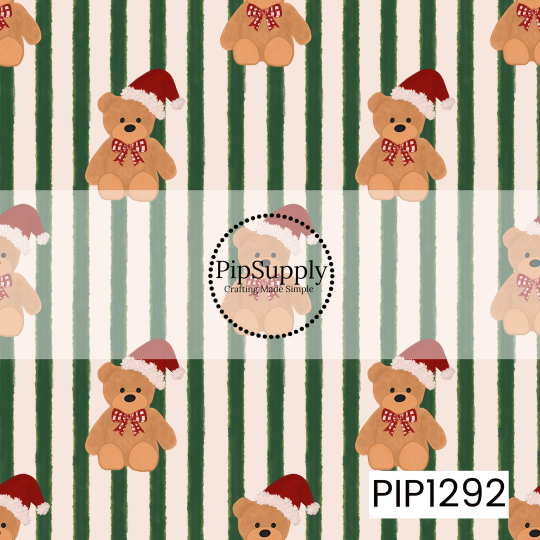 A cozy Christmas pattern featuring sweet teddy bears wearing classic red Santa hats and red gingham bows. The bears are scattered across hand-painted evergreen and cream vertical stripes for a warm, nostalgic holiday look.
