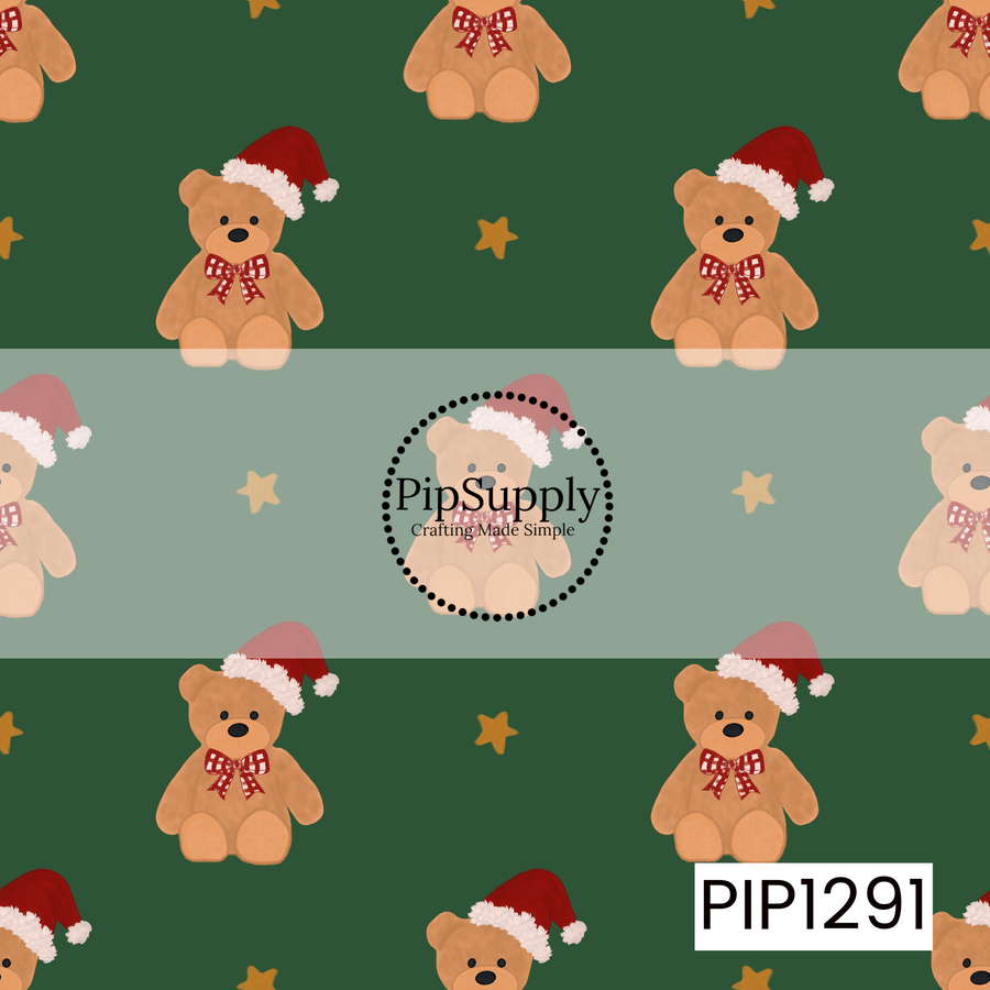 A cozy Christmas pattern featuring sweet teddy bears dressed in Santa hats and red gingham bows. Scattered golden stars add a festive touch against the deep evergreen background.
