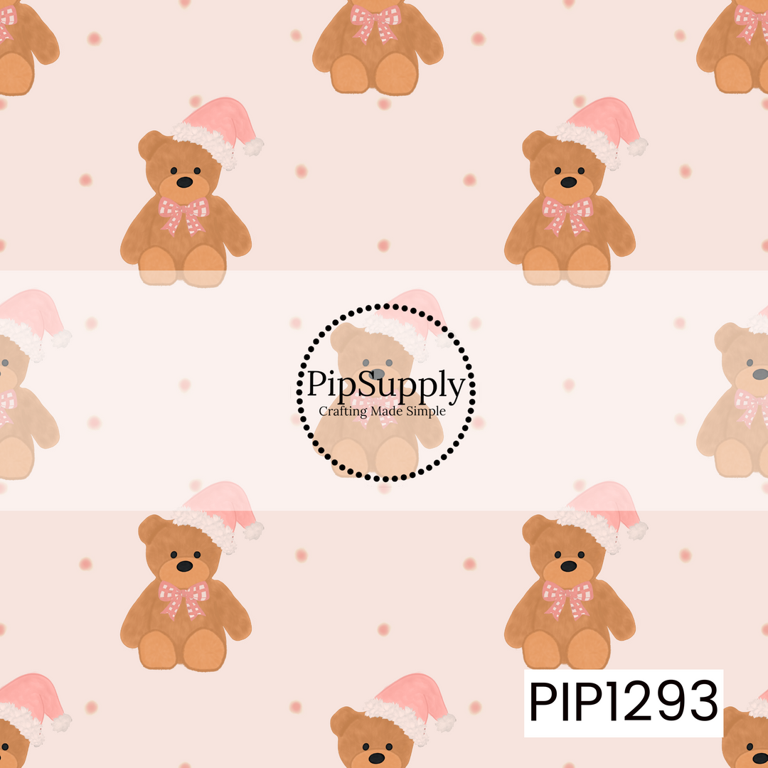 A sweet Christmas teddy bear pattern featuring cozy brown bears dressed in soft pink Santa hats and pink gingham bows. Delicate pink dots are scattered across the creamy blush background for an extra soft and festive touch.
