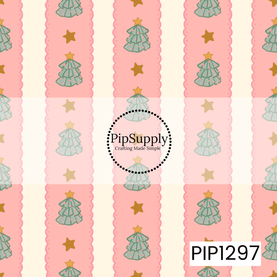 A sweet Christmas pattern featuring soft sage green trees decorated with tiny pink ornaments and golden stars. The trees and scattered stars sit inside blush pink scalloped stripes against a warm cream background for a whimsical holiday look.
