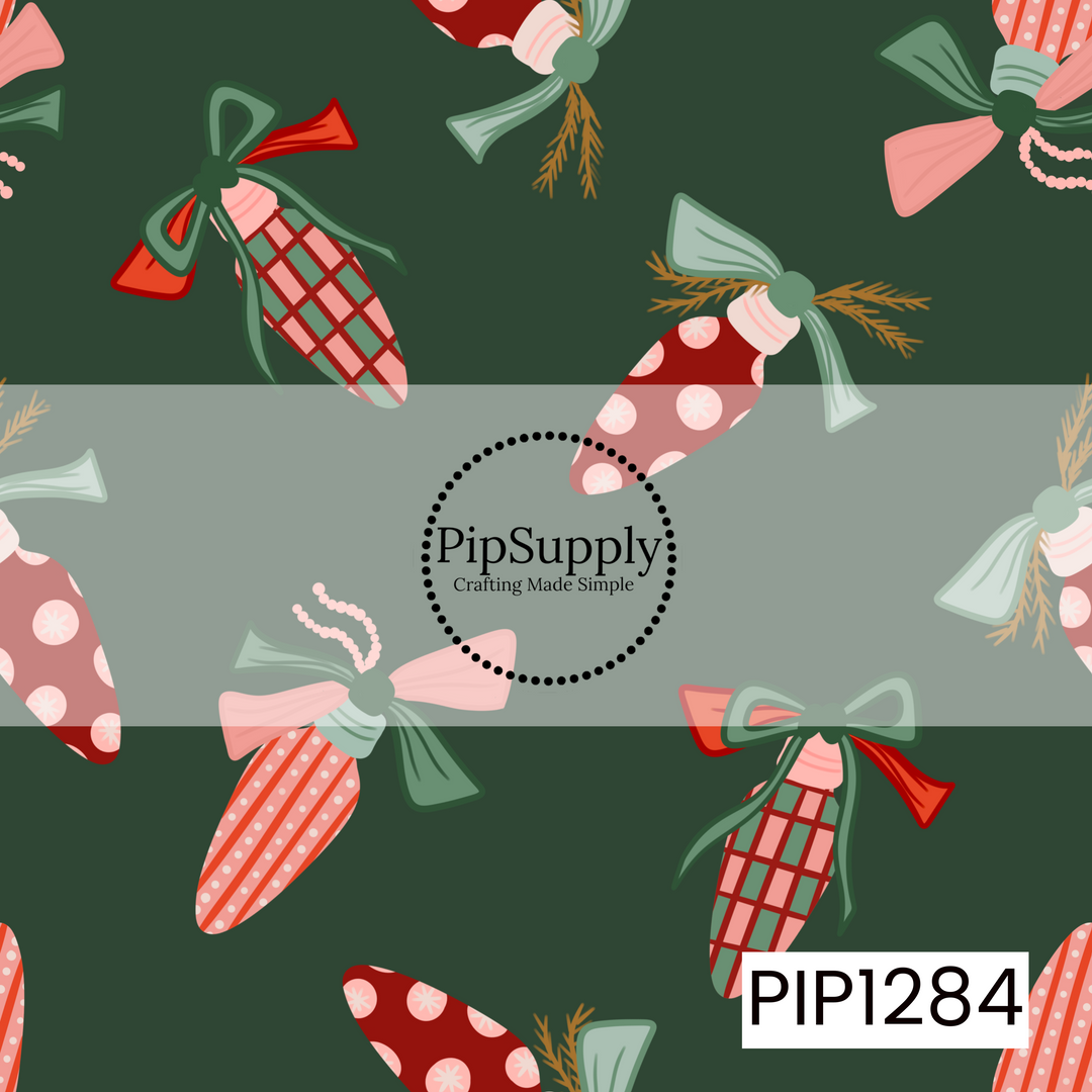 A whimsical Christmas ornament pattern featuring hand-drawn ornaments decorated with plaid, stripes, polka dots, and snowflakes. Soft pinks, festive reds, and muted greens pop against a deep green background, with oversized bows, greenery, and delicate details adding a playful vintage holiday feel.
