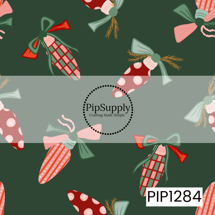 A whimsical Christmas ornament pattern featuring hand-drawn ornaments decorated with plaid, stripes, polka dots, and snowflakes. Soft pinks, festive reds, and muted greens pop against a deep green background, with oversized bows, greenery, and delicate details adding a playful vintage holiday feel.
