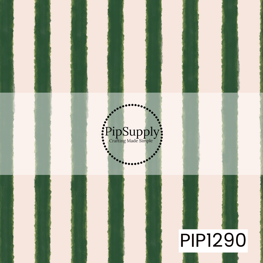 A simple hand-painted stripe pattern featuring deep evergreen green and soft cream vertical stripes. The slightly uneven, textured edges give it a cozy, handmade feel with a classic Christmas color palette.
