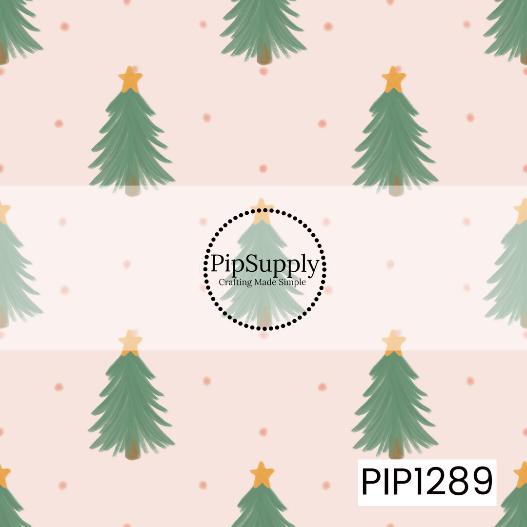 A sweet Christmas pattern featuring hand-painted evergreen trees topped with golden stars and scattered pink dots. Soft sage green and blush pink create a simple, cozy holiday look.
