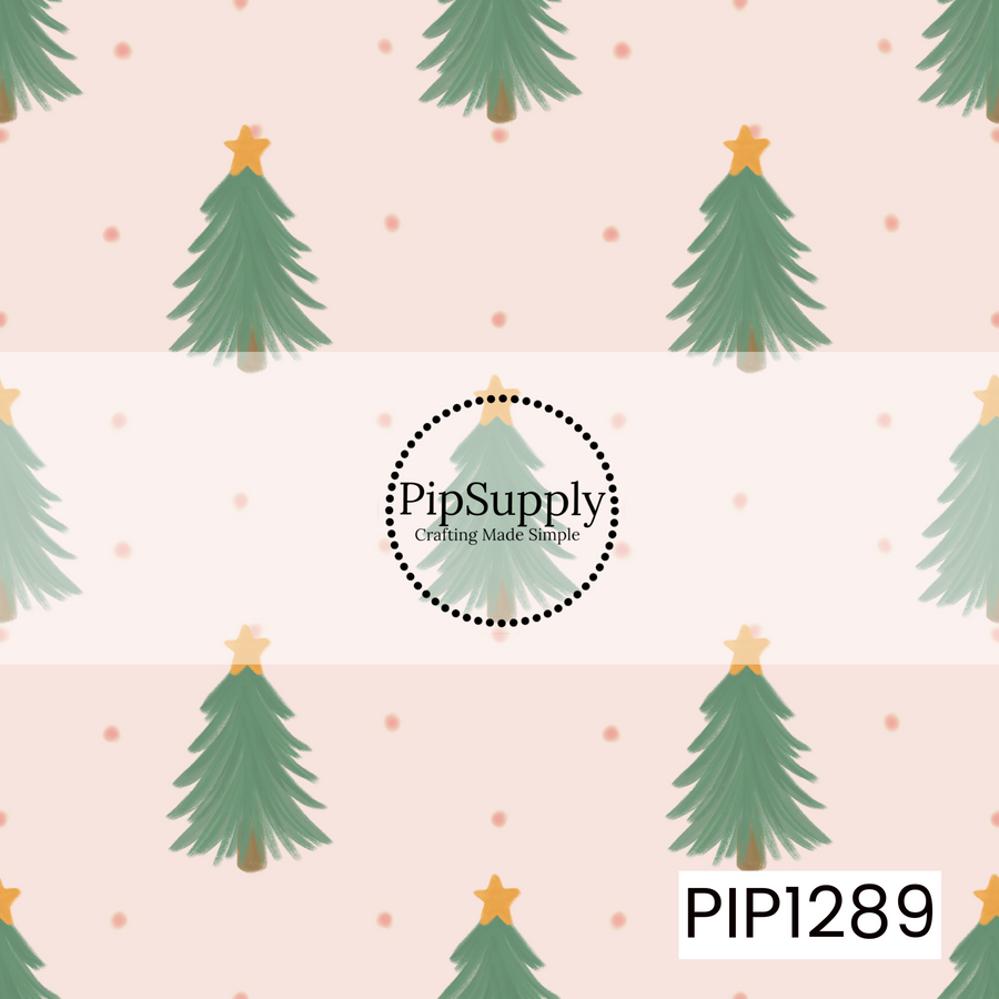 A sweet Christmas pattern featuring hand-painted evergreen trees topped with golden stars and scattered pink dots. Soft sage green and blush pink create a simple, cozy holiday look.

