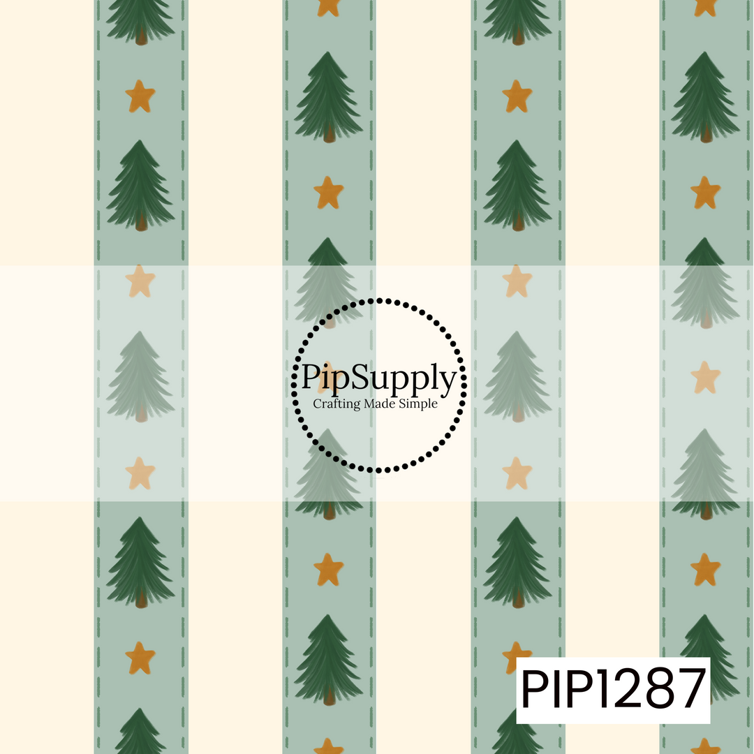 A cozy Christmas stripe pattern featuring hand-painted evergreen trees and warm golden stars arranged along soft sage green bands. Creamy ivory stripes and stitched-style borders give the design a charming, handmade holiday feel.
