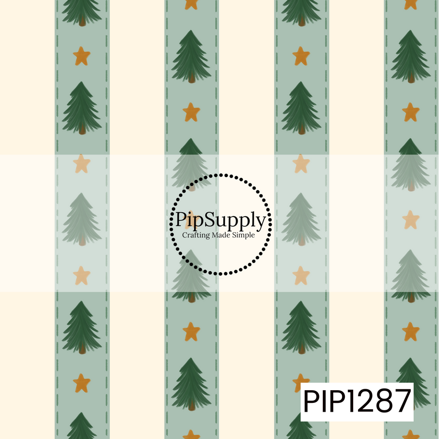 A cozy Christmas stripe pattern featuring hand-painted evergreen trees and warm golden stars arranged along soft sage green bands. Creamy ivory stripes and stitched-style borders give the design a charming, handmade holiday feel.
